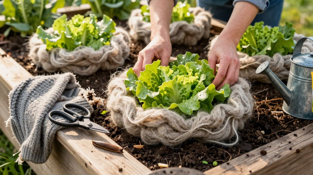 Mãos cuidando de alface em horta elevada com acessórios de jardinagem ao redor.