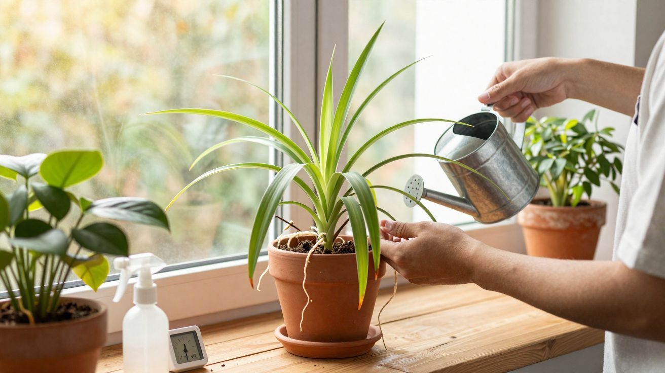 Pessoa regando planta suculenta em vaso de barro sobre o parapeito perto da janela iluminada.