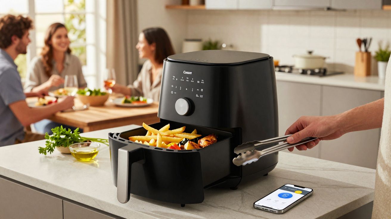 Airfryer preta com batatas fritas e alimentos, pessoa usando pinça na cozinha moderna com smartphone na bancada.