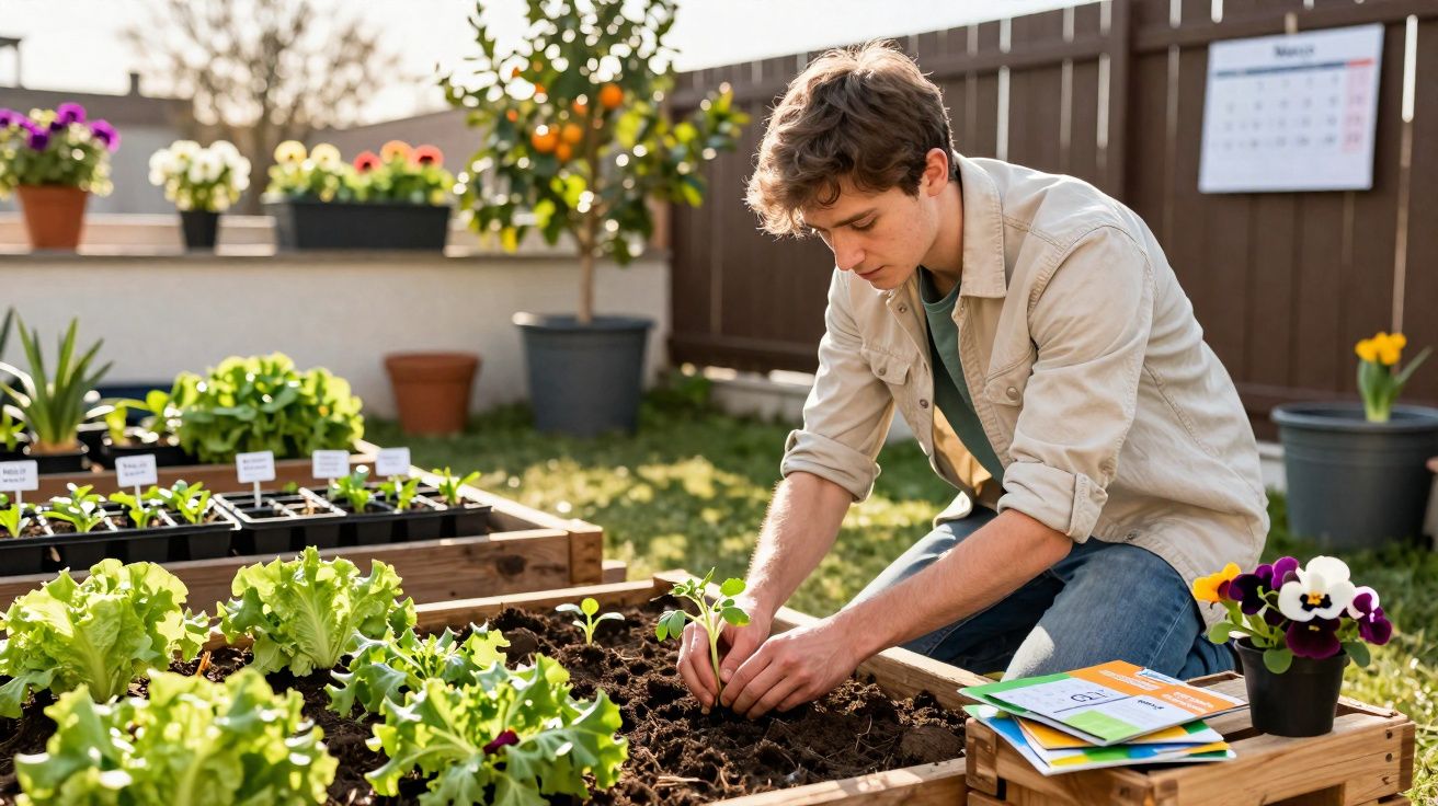 Jovem plantando muda em horta elevada com alfaces e flores em área externa ensolarada.