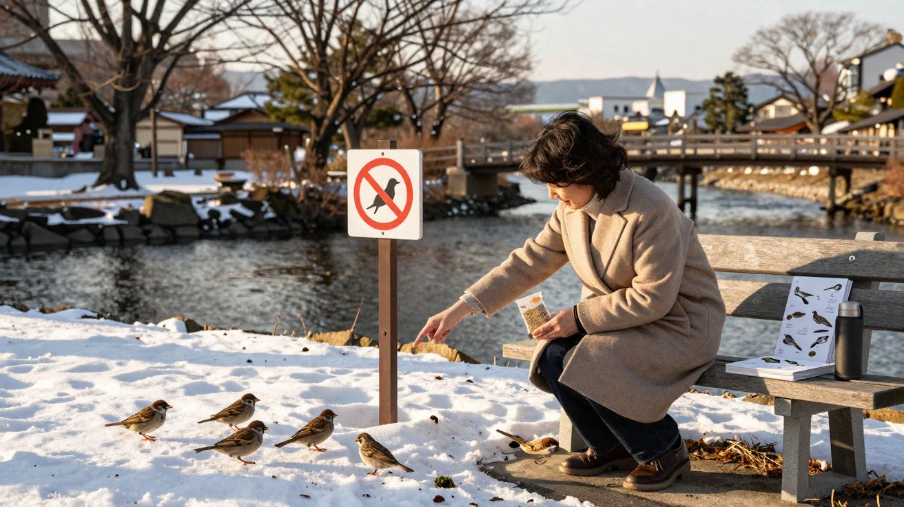 Pessoa alimentando pássaros na neve ao lado de placa que proíbe alimentar aves, em parque com rio ao fundo.