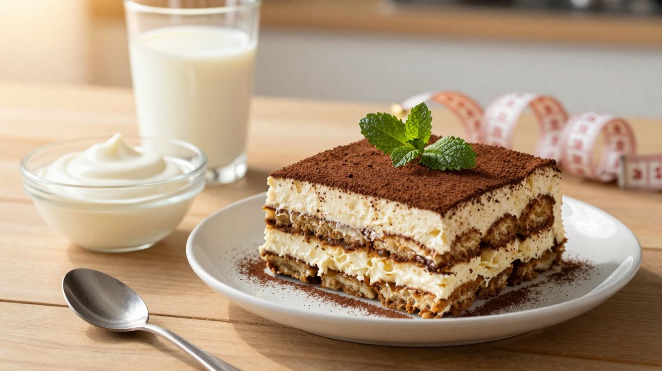 Fatia de tiramisu com cacau em pó e hortelã no prato, ao lado de copo de leite e tigela de creme.