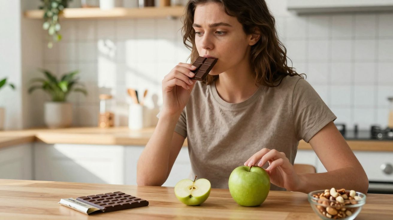 Mulher sentada na cozinha comendo barra de chocolate, segurando maçã verde e frutas secas na mesa.