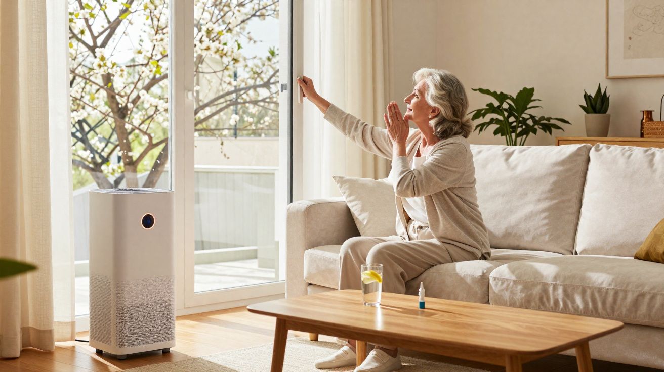 Mulher idosa ajusta a cortina em sala iluminada com ar-condicionado e mesa de centro com copo d'água.