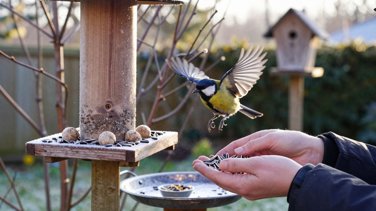 Pássaro voando em direção a mão de pessoa com sementes enquanto está perto de comedouro de pássaros em jardim.