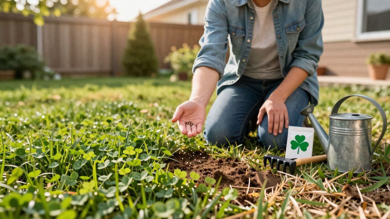 Pessoa plantando sementes de trevo em jardim com regador e rastelo ao lado em dia ensolarado.