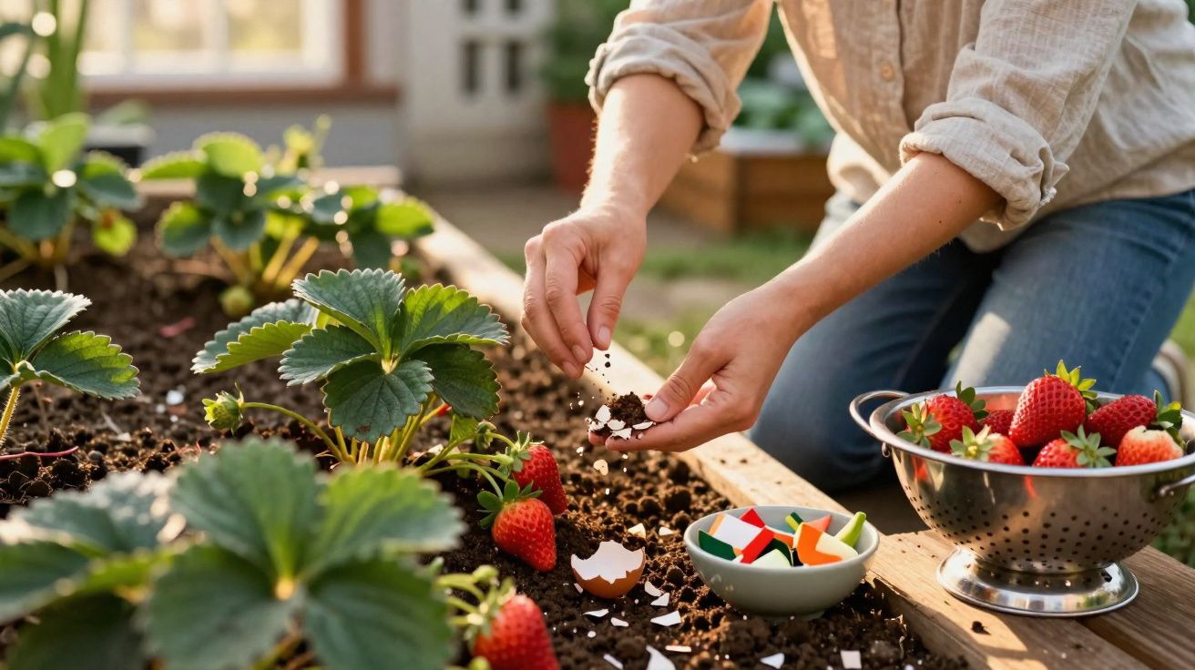 Pessoa usando casca de ovo triturada como adubo para plantas de morango em canteiro de jardim.