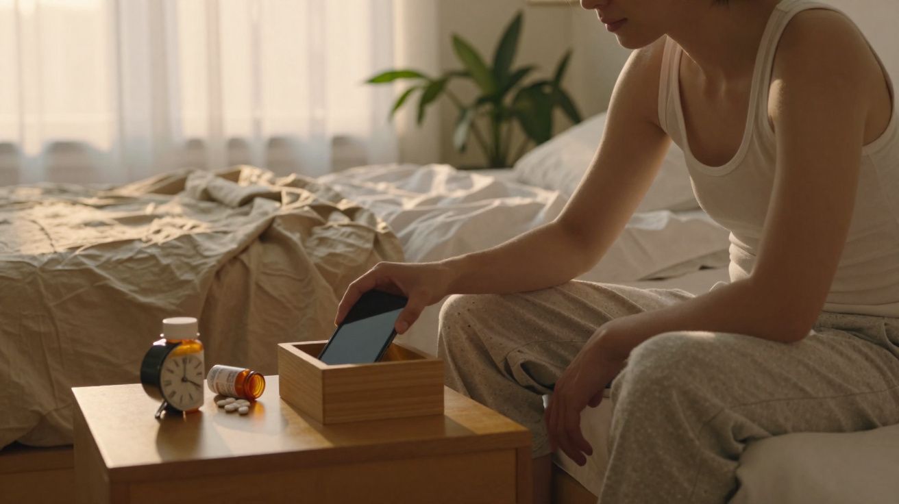 Pessoa guardando celular em caixa de madeira ao lado de cama desarrumada e frascos de remédio em mesa de cabeceira.