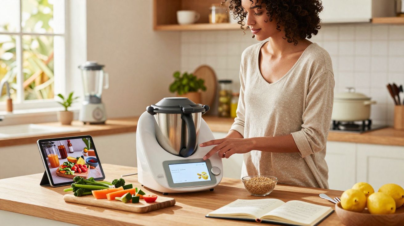 Mulher usando processador de alimentos digital na cozinha com legumes e tablet ao lado.