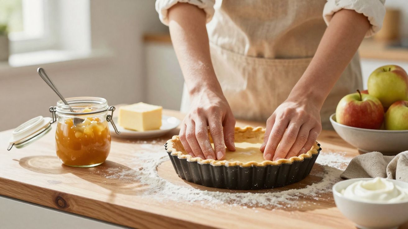 Pessoa moldando massa de torta em forma com ingredientes ao redor em cozinha iluminada.