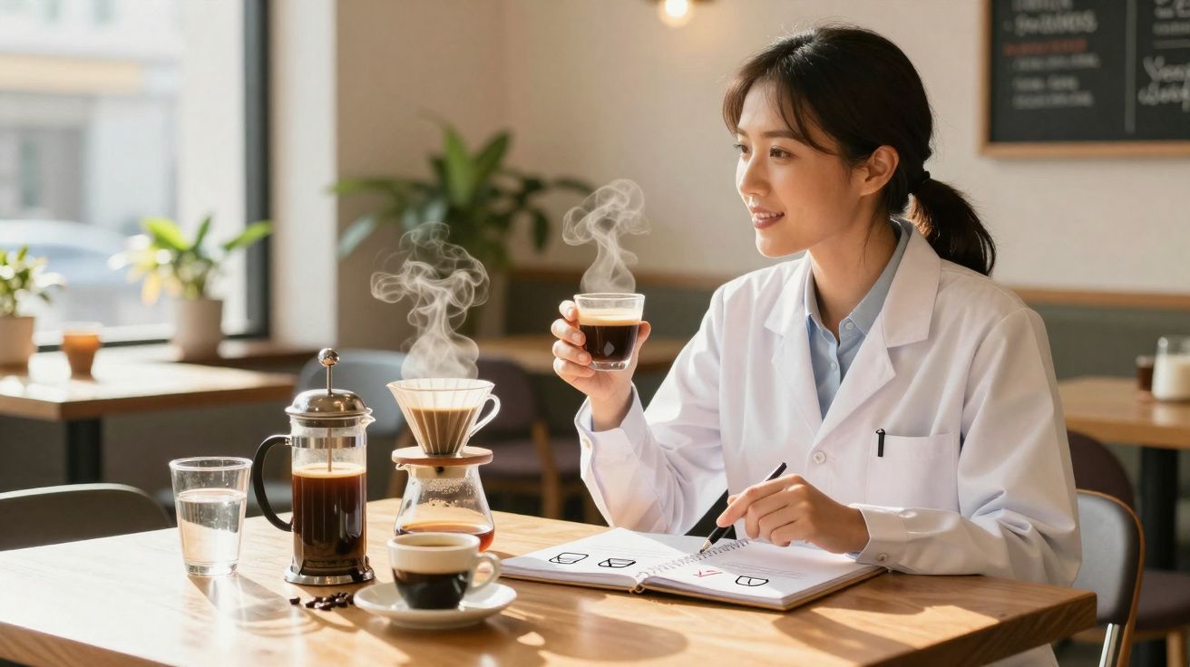 Mulher com jaleco branco segurando xícara de café quente e anotando em caderno em cafeteria.