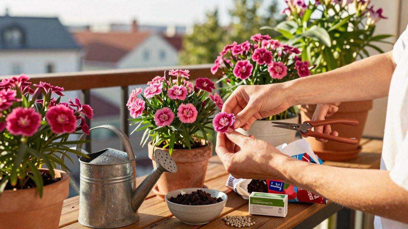 Pessoa cuidando de flores rosa em vasos no parapeito de varanda com regador e ferramentas.