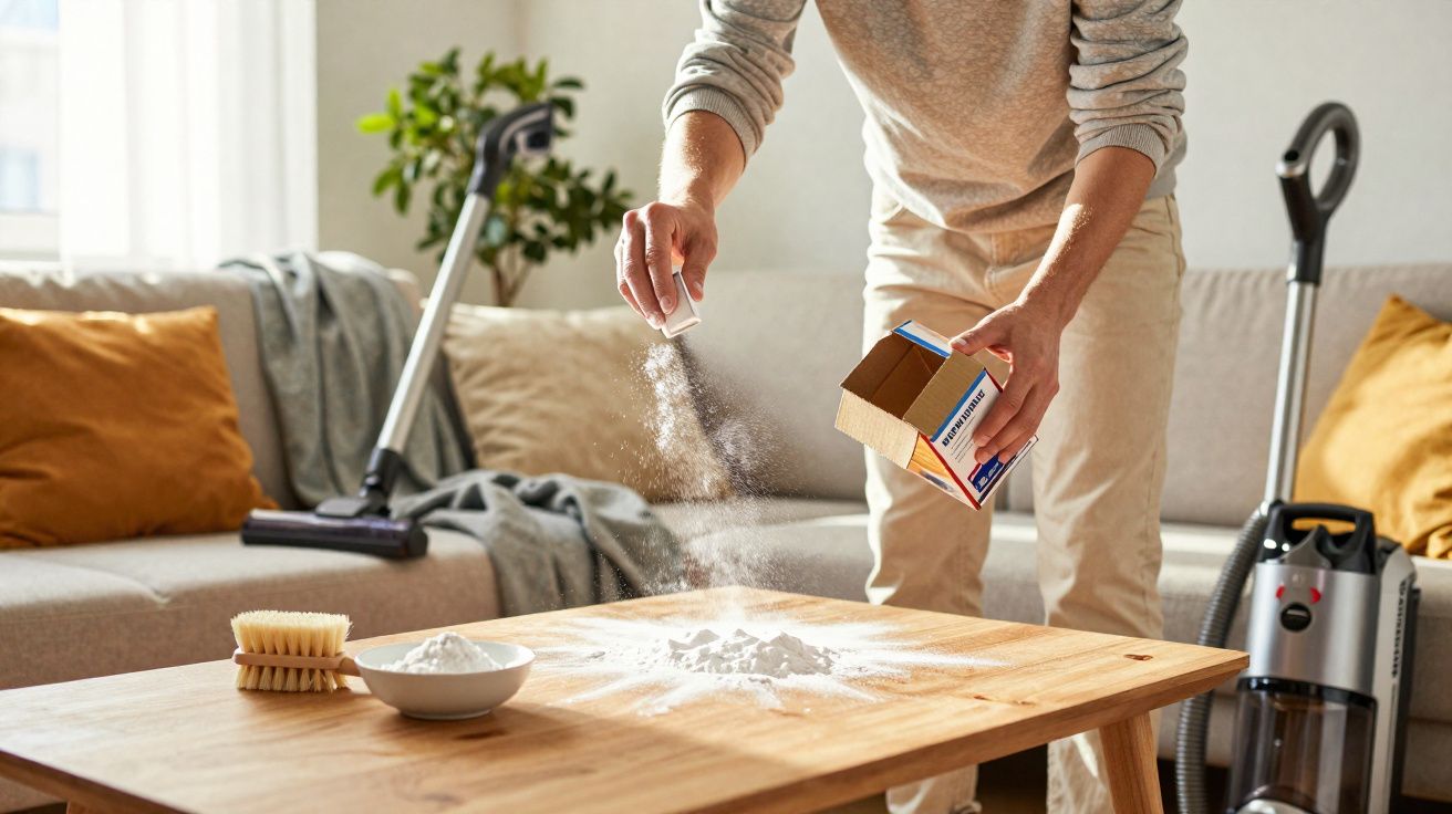 Pessoa pulverizando bicarbonato de sódio sobre mesa de madeira para limpeza em sala de estar.