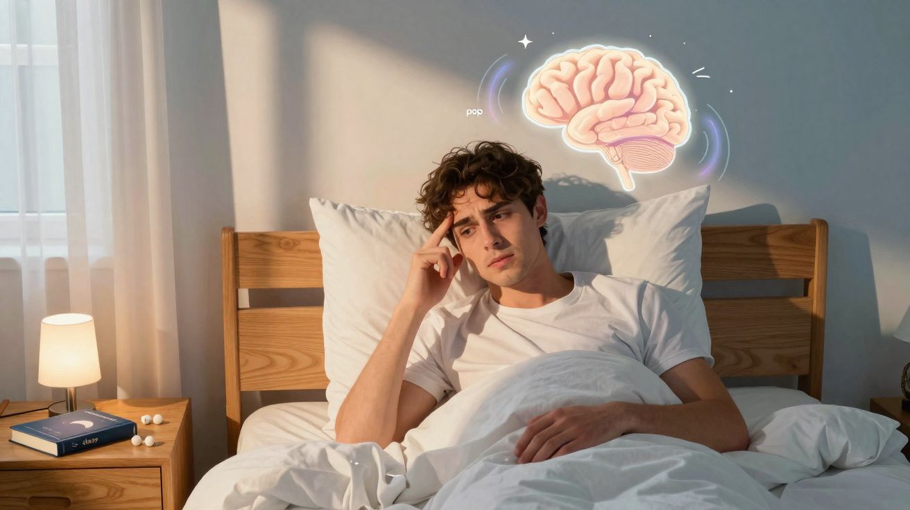 Homem jovem pensativo na cama com ilustração de cérebro acima da cabeça.