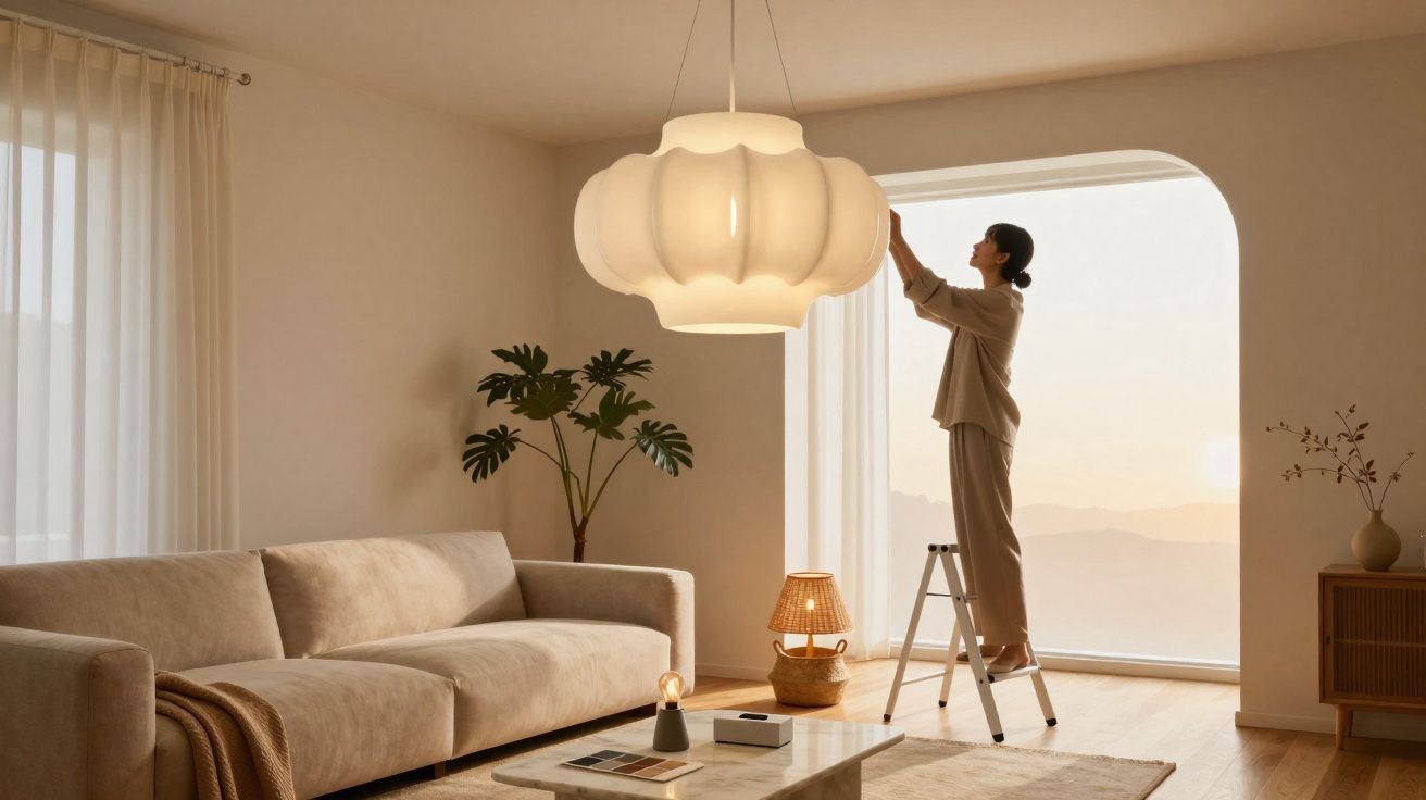 Mulher ajusta luminária suspensa branca em sala de estar moderna e aconchegante com sofá bege e plantas.