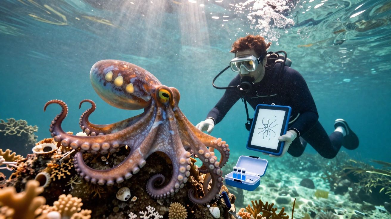 Mergulhador realiza estudo científico com polvo colorido em recife de coral subaquático.