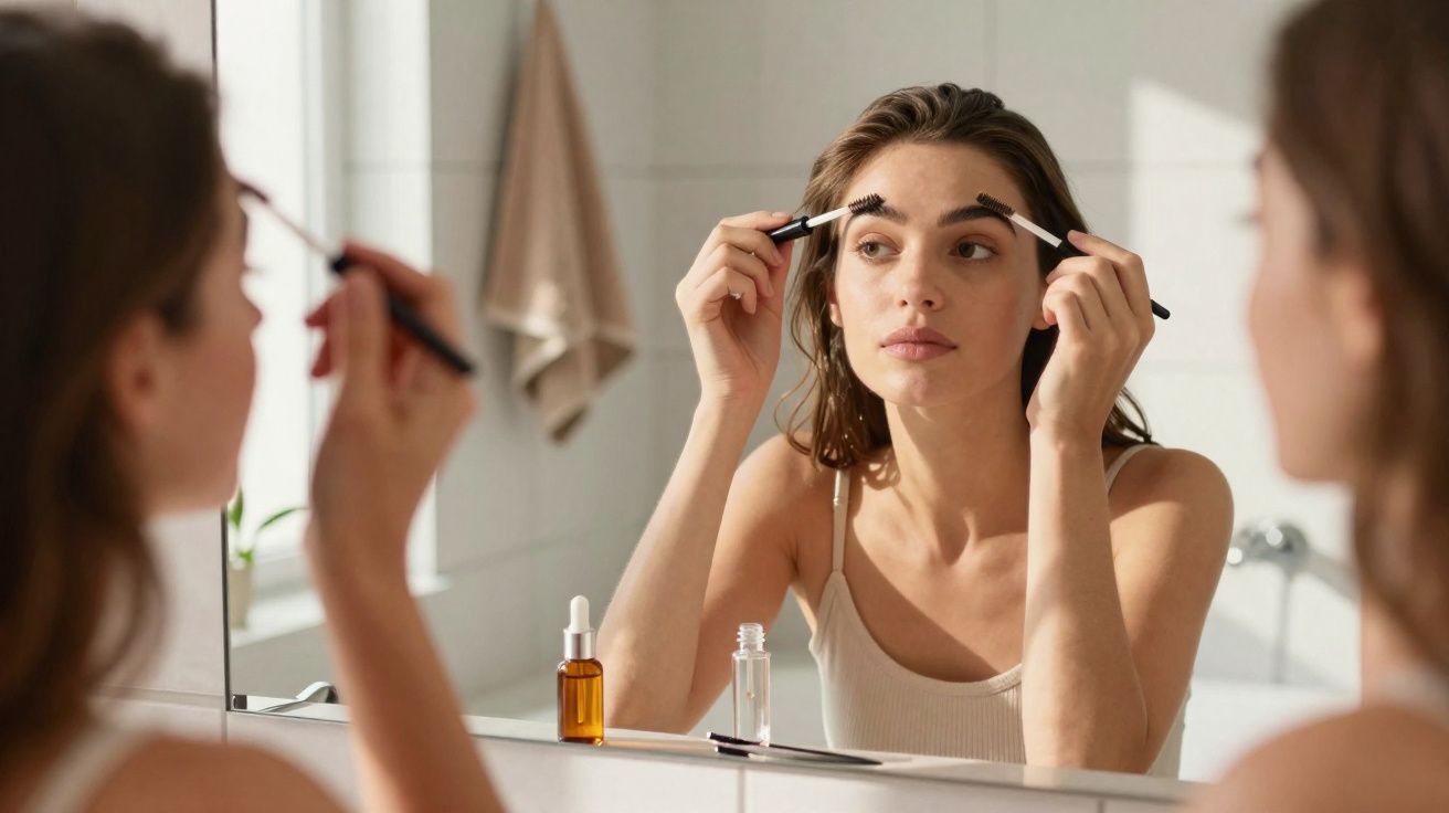 Mulher aplicando maquiagem nas sobrancelhas em frente ao espelho no banheiro iluminado.