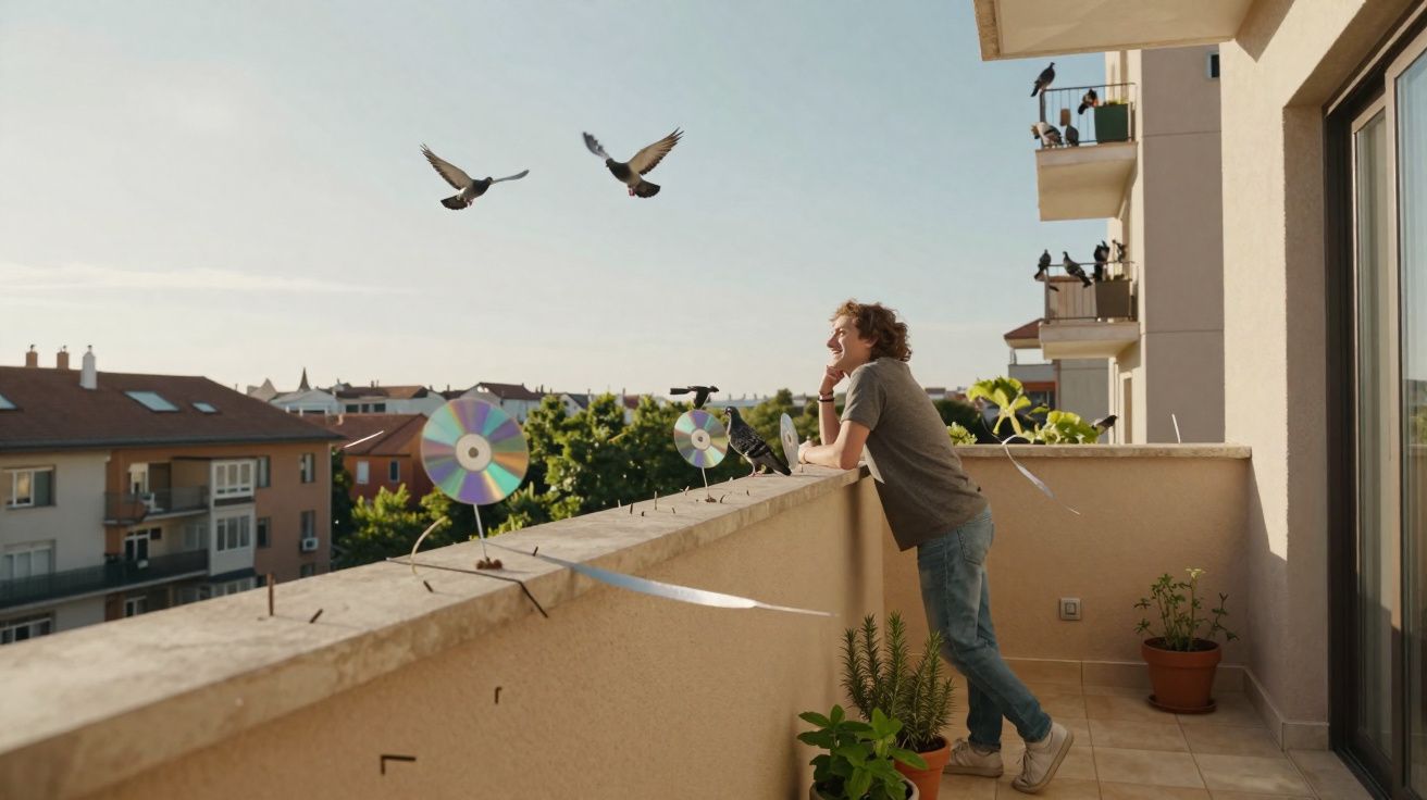 Pessoa apoiada na varanda de apartamento observando pombos voando e pousados, com CD's refletivos pendurados.