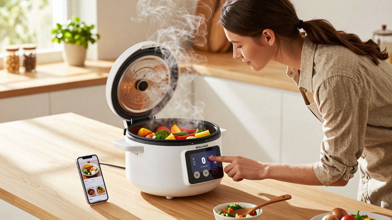 Mulher usando panela elétrica inteligente para cozinhar legumes frescos em cozinha iluminada.