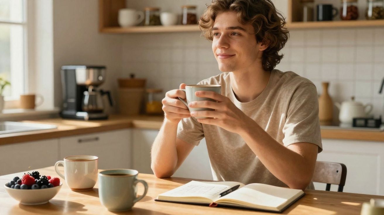 Jovem sentado à mesa com xícara na mão, sorrindo, ao lado de caderno aberto e frutas na cozinha.
