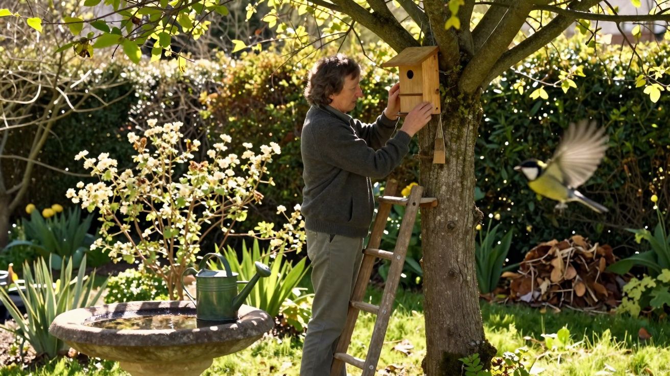 Homem instala casinha de passarinho em árvore durante dia ensolarado em jardim florido.