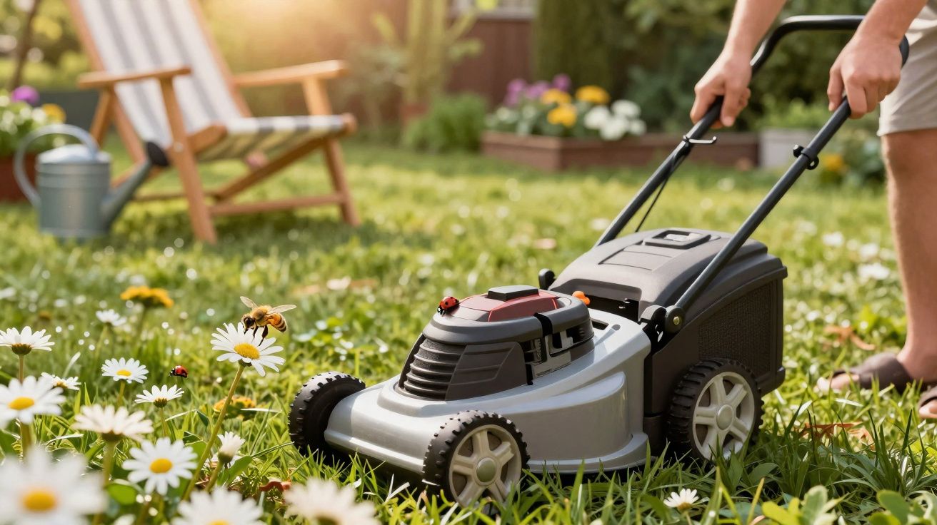 Pessoa cortando grama em jardim com flores, abelha e joaninha em um cortador de grama cinza.