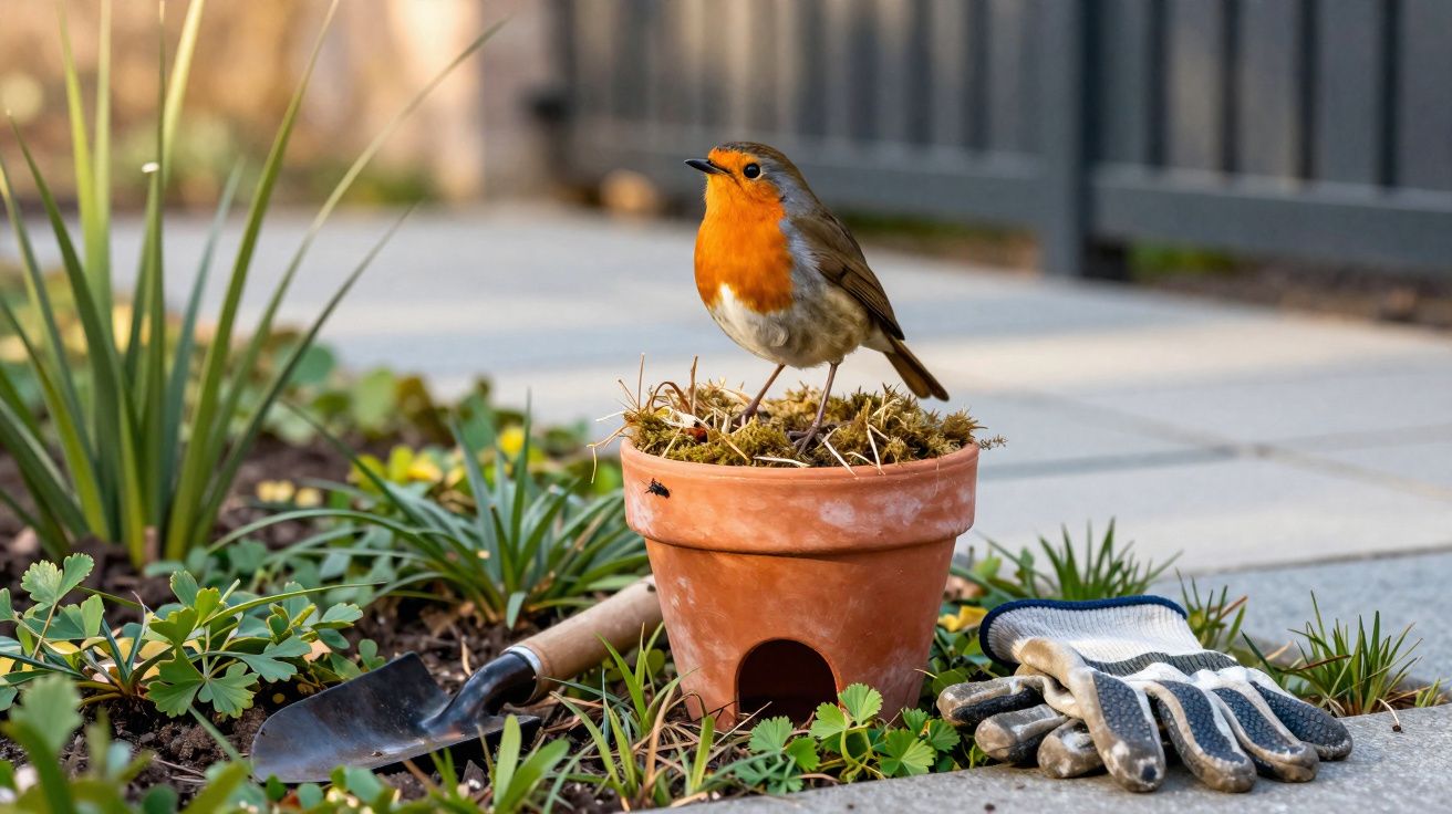 Pássaro com peito laranja pousado em vaso de plantas com luvas e pá de jardinagem ao lado.