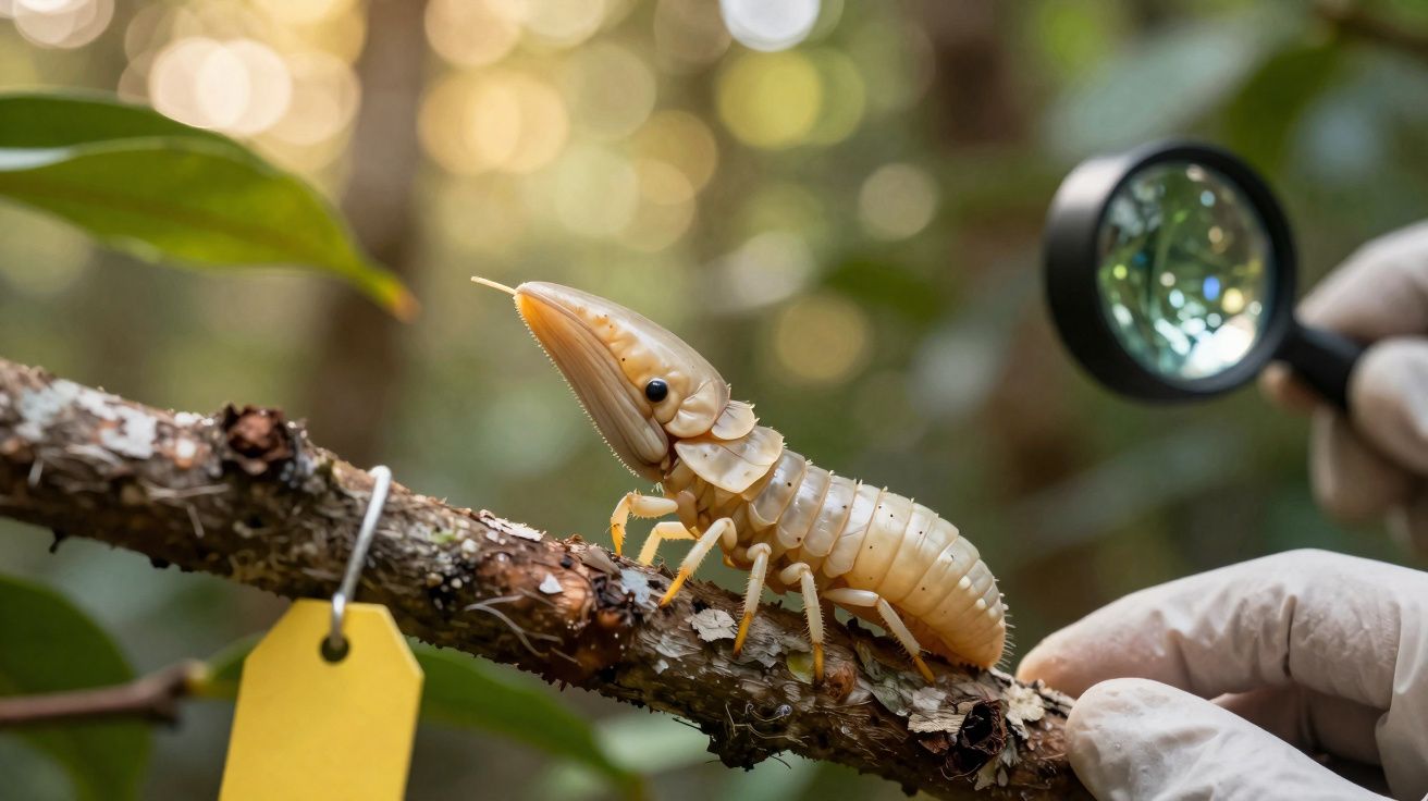 Inseto com corpo segmentado e cabeça alongada sobre galho, observado por pessoa usando luva e lupa.