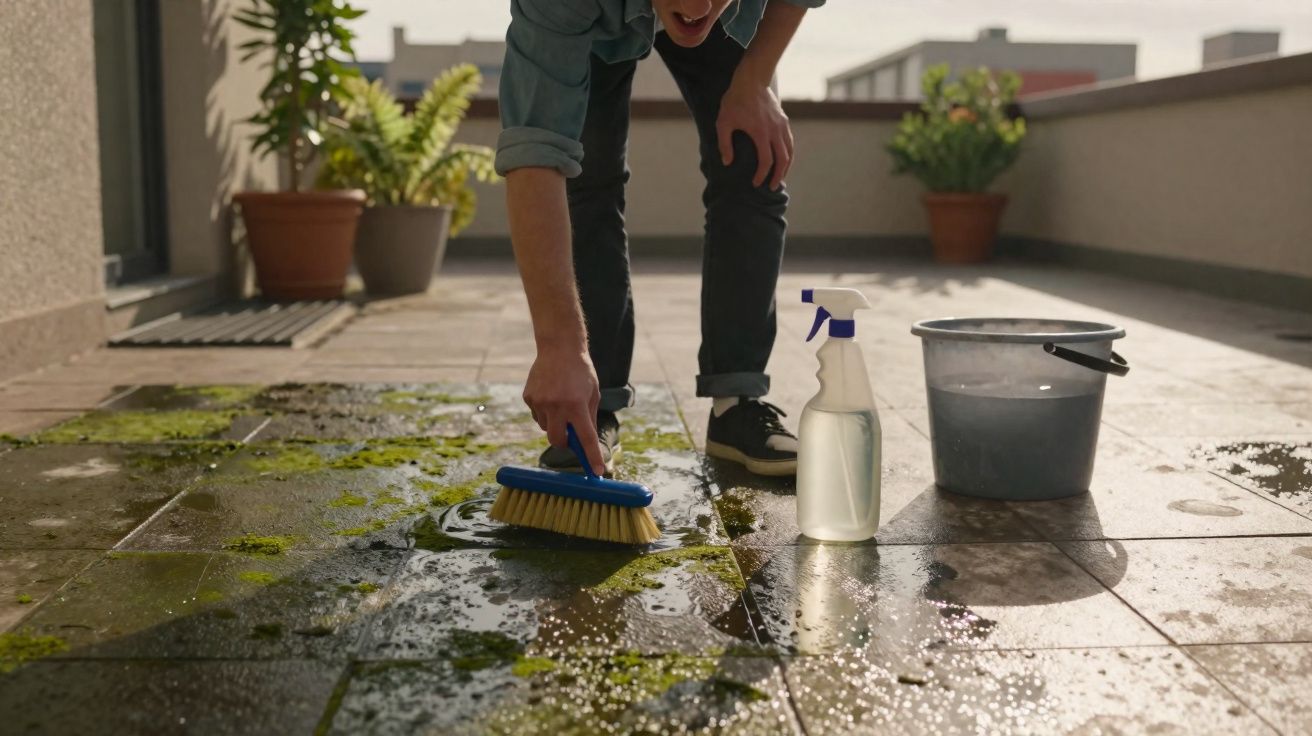 Pessoa limpando piso de azulejos sujo com musgo usando escova, balde e borrifador em área externa.