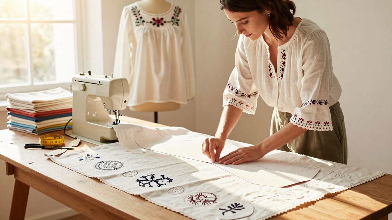 Mulher ajusta molde de tecido branco em mesa com máquina de costura e bordados coloridos.