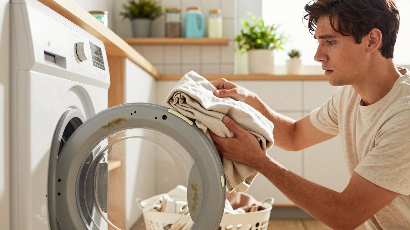 Homem segurando roupas dobradas ao lado de máquina de lavar aberta em lavanderia iluminada.