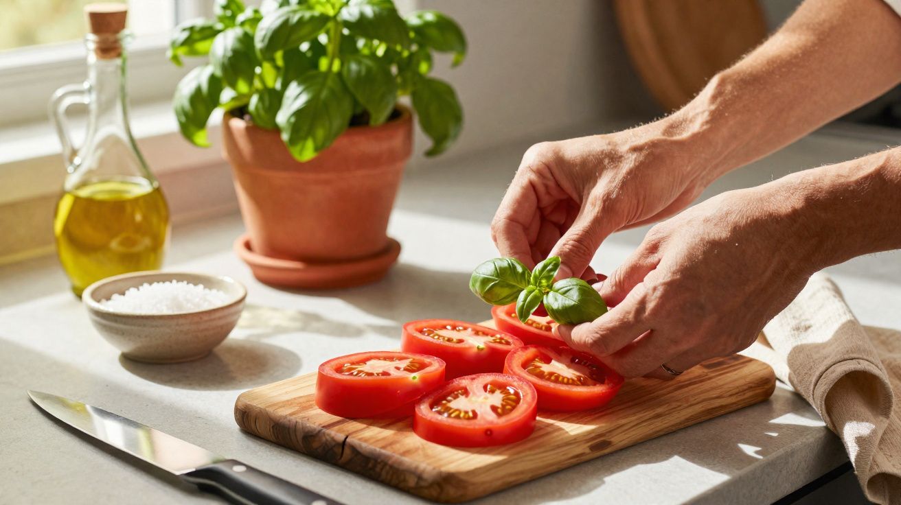 Mãos decorando fatias de tomate com manjericão fresco em tábua, ao lado de alho, azeite e toalha.