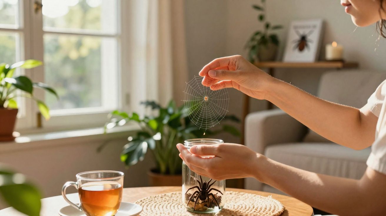 Pessoa segurando uma teia de aranha sobre um vidro com uma aranha grande dentro, em uma mesa com chá.