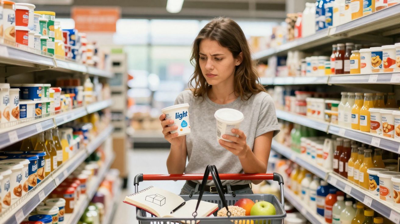 Mulher confusa compara dois potes de iogurte no corredor de supermercado, ao lado do carrinho de compras.