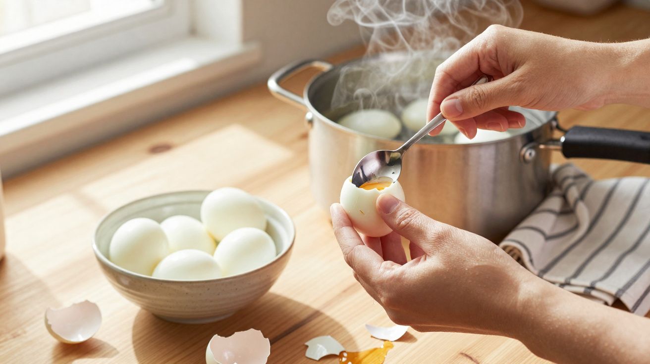 Pessoa descascando ovo cozido com colher, com panela e tigela de ovos ao fundo em cozinha iluminada.