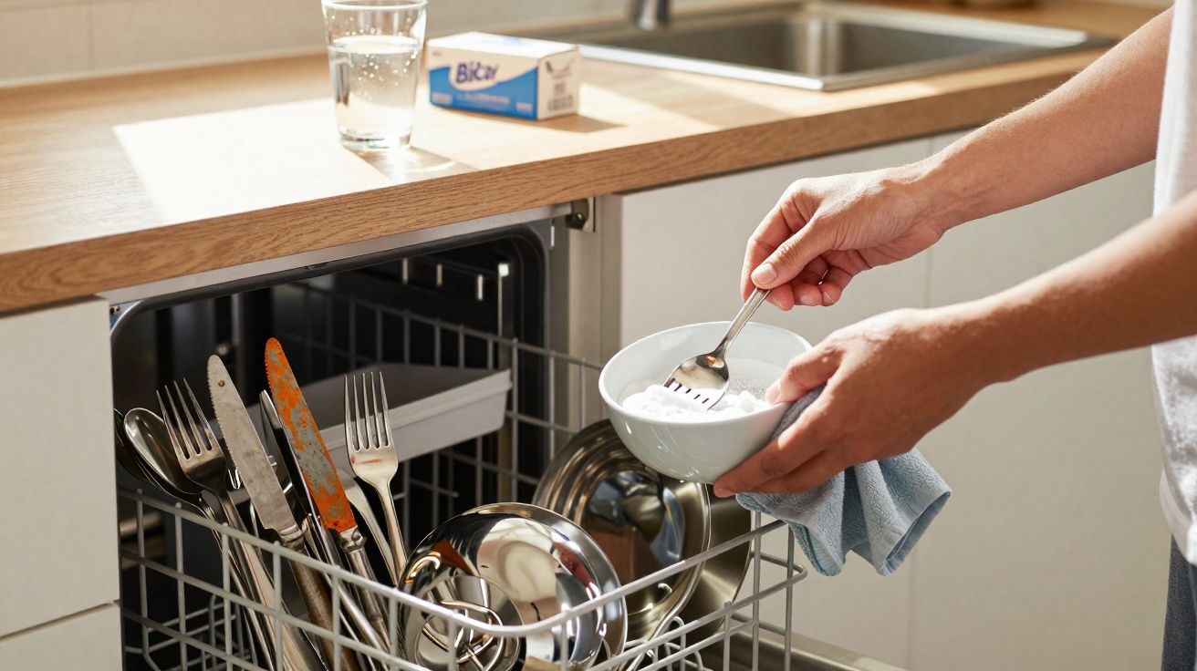 Pessoa colocando bicarbonato de sódio em lava-louças aberto com talheres e panelas na cozinha.