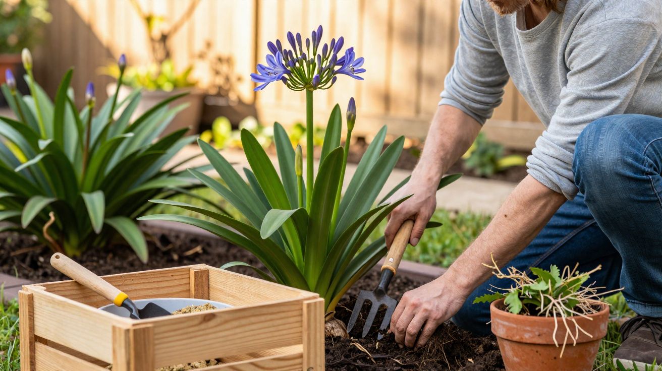 Pessoa jardineira cuidando de planta com flor roxa em jardim com ferramentas e vaso de barro.