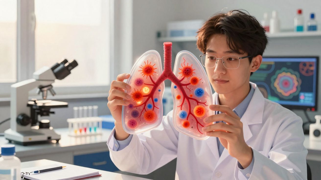 Cientista jovem analisa modelo transparente de pulmões com vírus coloridos em laboratório.