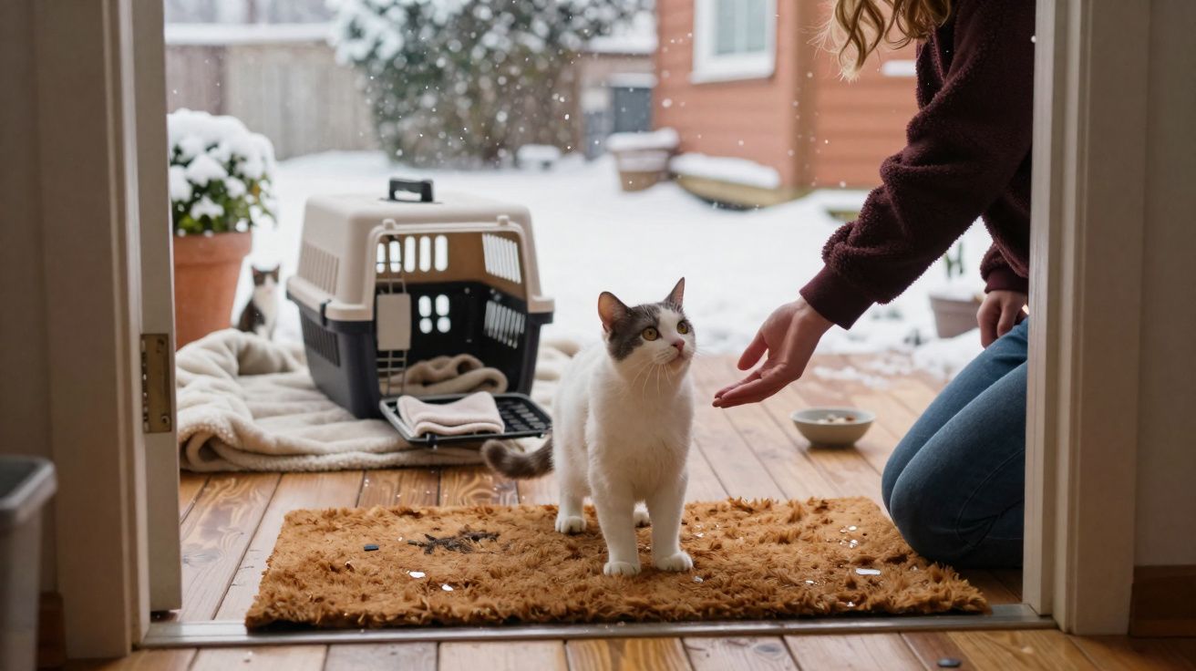 Pessoa de joelhos acariciando gato branco e cinza em tapete próximo a porta com neve do lado de fora.