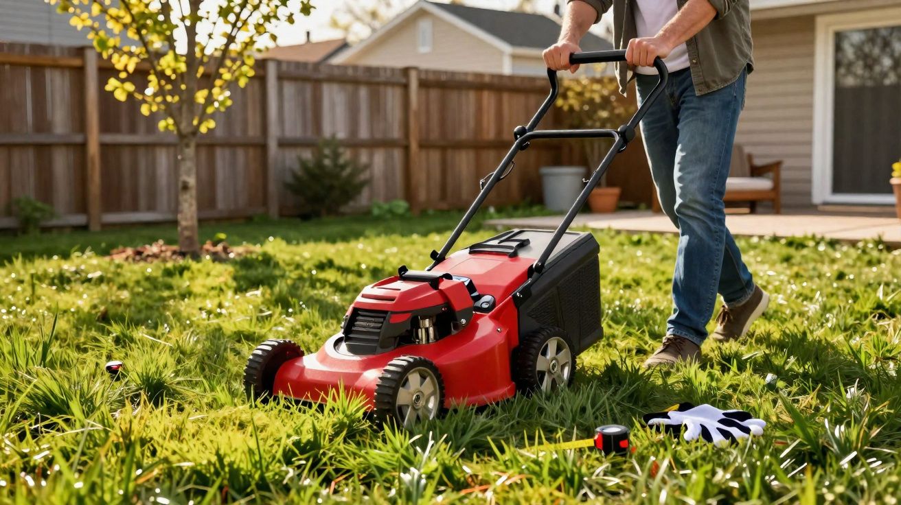 Pessoa cortando a grama do jardim com um cortador de grama vermelho em dia ensolarado.
