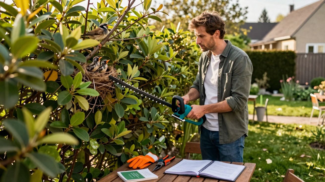 Homem usando aparador de cerca viva perto de ninho com pássaros em arbusto no jardim residencial.