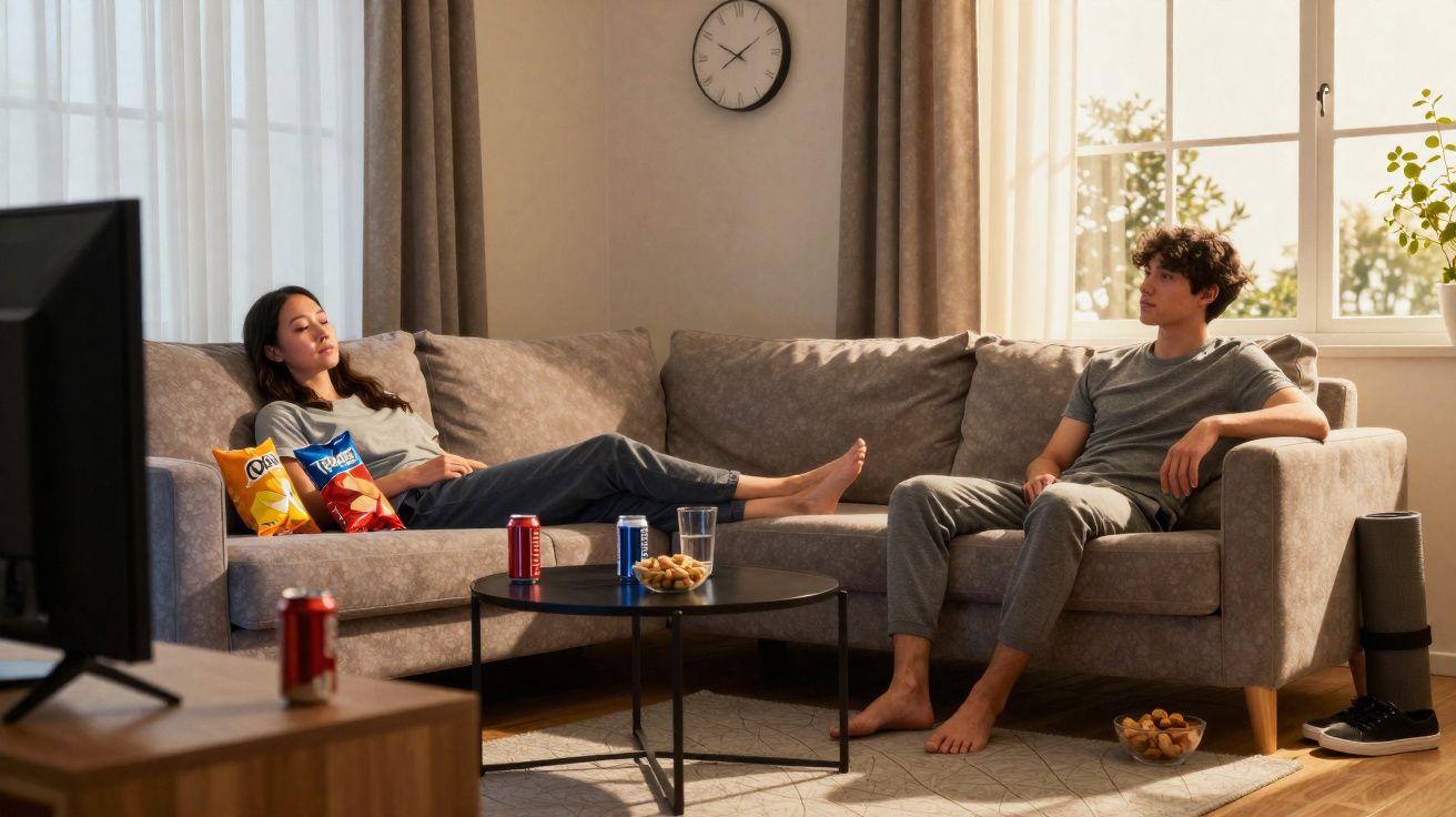 Casal sentado no sofá da sala, com petiscos e refrigerantes sobre a mesa de centro, em ambiente iluminado.