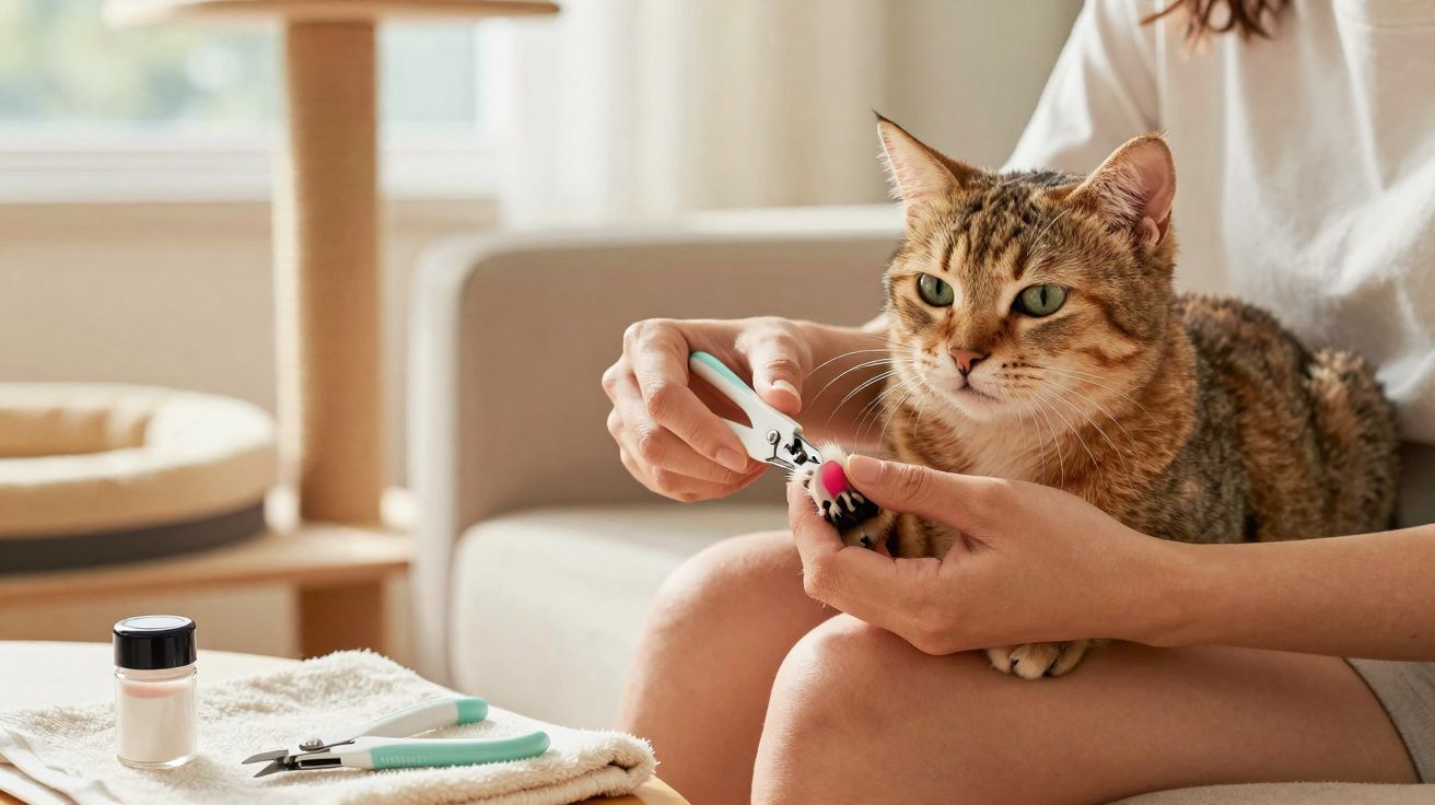 Pessoa cortando as unhas de gato marrom em ambiente interno aconchegante.