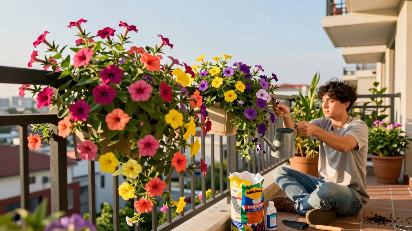 Jovem regando flores coloridas em vasos pendurados na varanda de um apartamento ao entardecer.