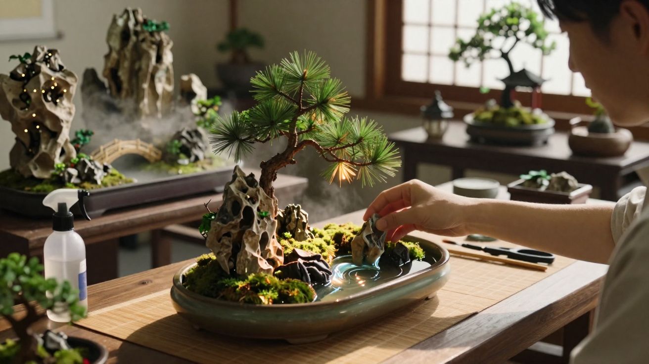 Pessoa cuidando de um bonsai em miniatura com pedras decorativas e musgo em ambiente interno iluminado.