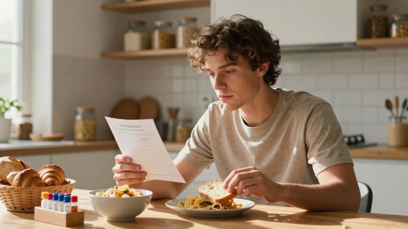 Jovem sentado à mesa em cozinha iluminada, lendo documento enquanto segura fatia de pão.