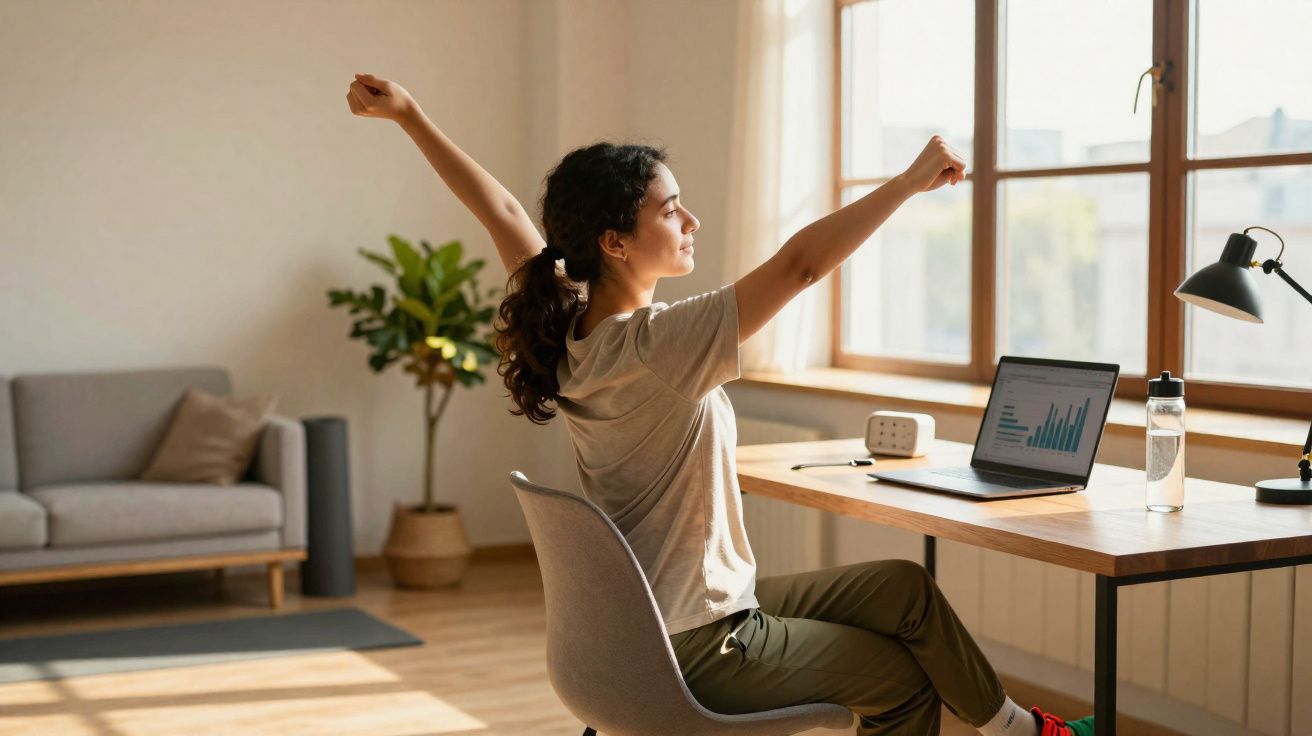 Mulher se espreguiçando sentada em cadeira diante de mesa com notebook em ambiente claro e arejado.