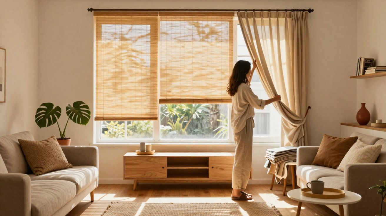 Mulher abre cortina em sala de estar iluminada com móveis e decoração em tons neutros e naturais.