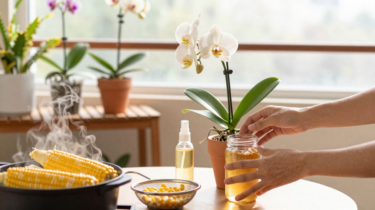 Mãos segurando pote de mel com flores de orquídea, milho cozido e grãos amarelos sobre mesa iluminada.