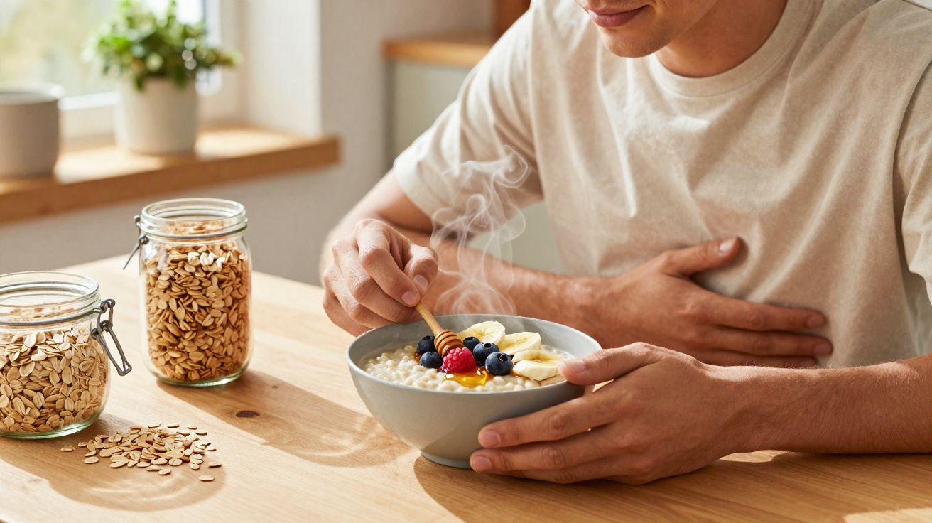 Pessoa segurando tigela com mingau quente e frutas, com potes de aveia sobre a mesa de madeira.